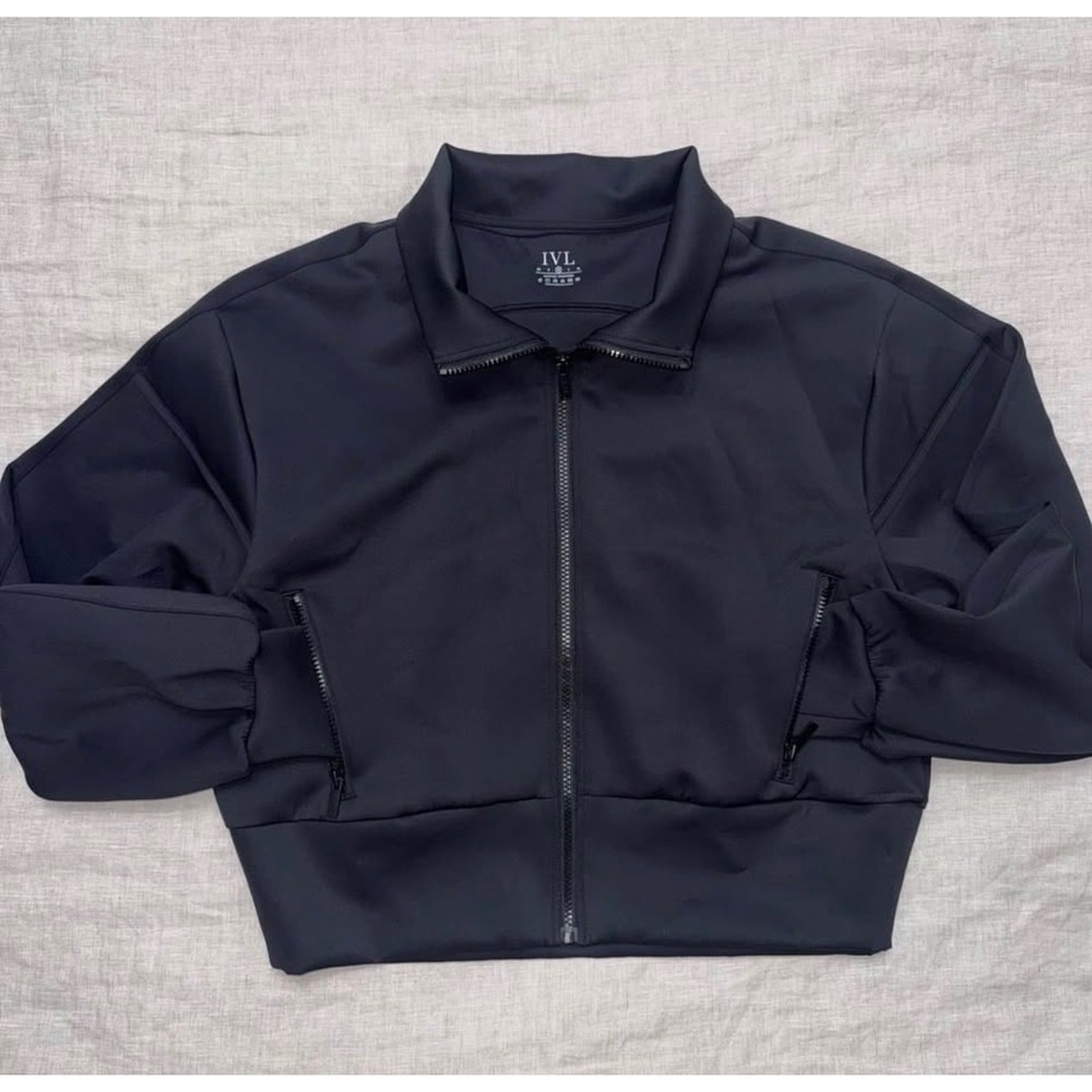IVL Collective Black Scuba Bomber Jacket Full Zip Cropped Activewear Womens Med